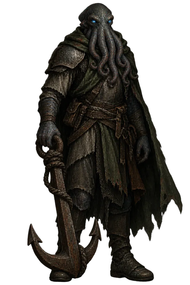 A half-octopus knight in a ragged green cloak, with glowing blue eyes, leaning on a rusted anchor.